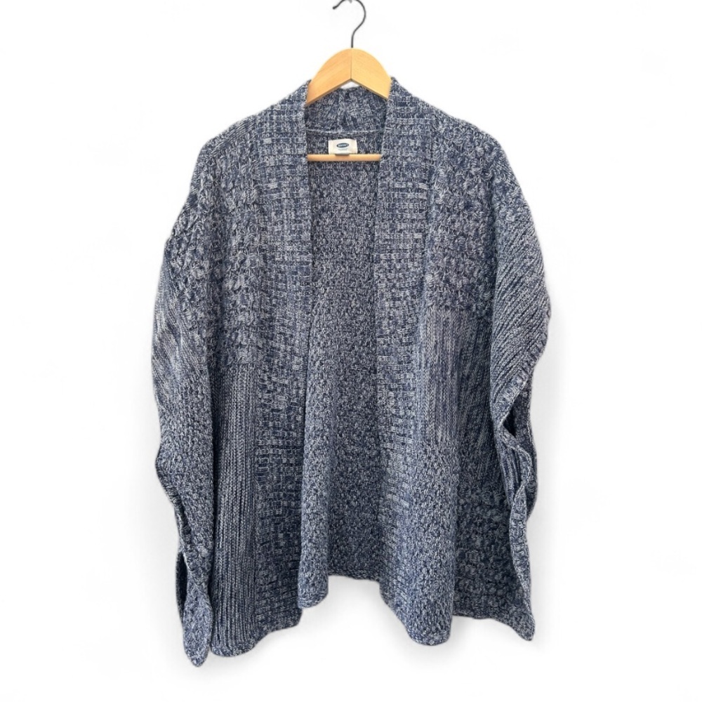 Old Navy Heathered Navy White Open Front Poncho Sleeve Cable Knit Cardigan - Picture 2 of 6